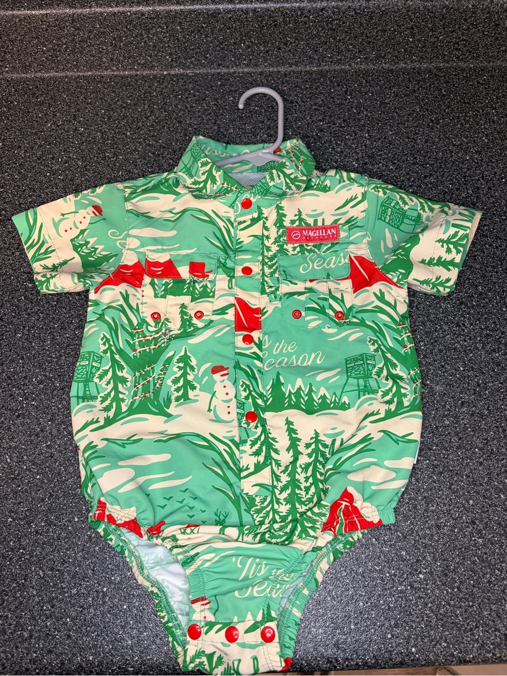 Magellan Outdoors Green and Cream Holiday Print Polo Romper with Red Accents
